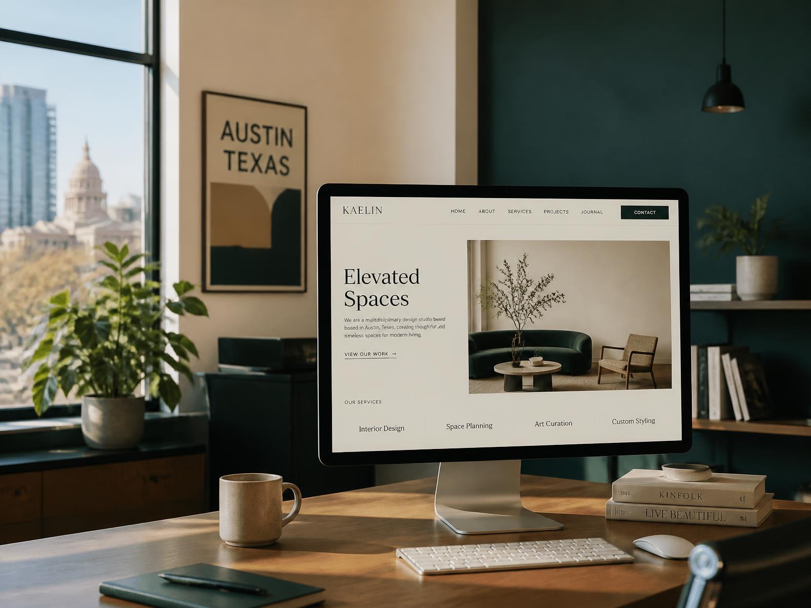 A studio workspace in Austin with a large monitor showing a website design in progress